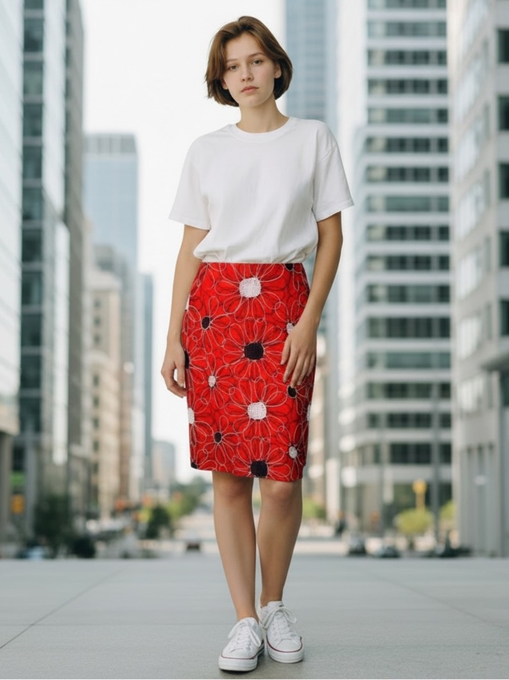Carlisle Floral Embroidered Pencil Skirt Red Size 4 Womens Vintage Y2K